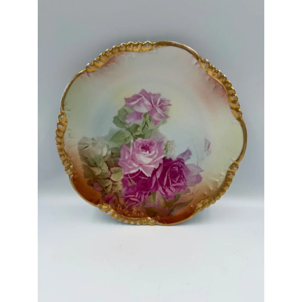 Antique Bauer & Pfeiffer Württemberg Porcelain Floral Plate Gold Scalloped Rim